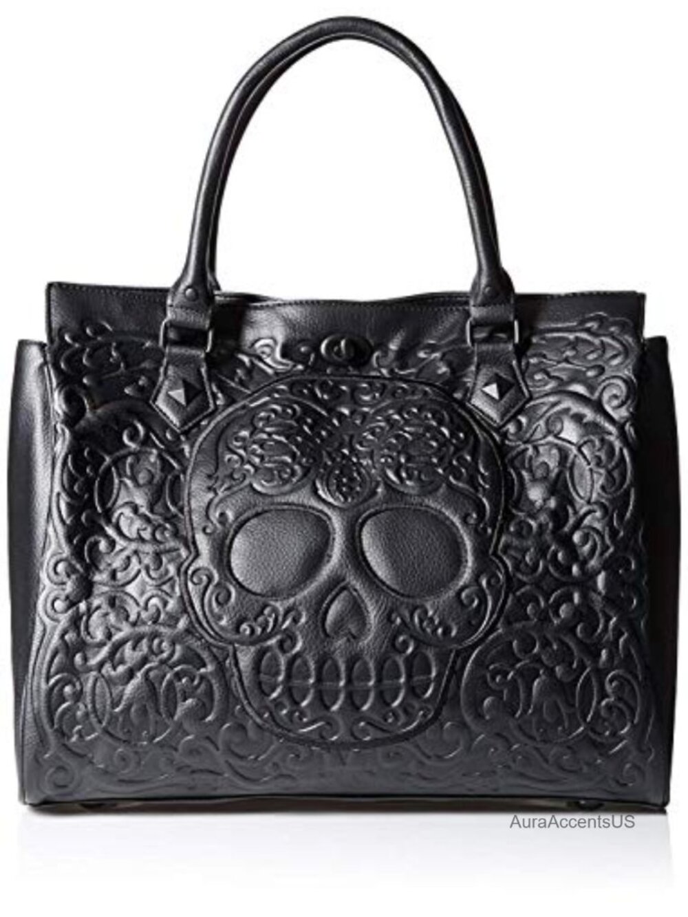 Embossed Skull Tote Shoulder Bag with Zip Compartment
